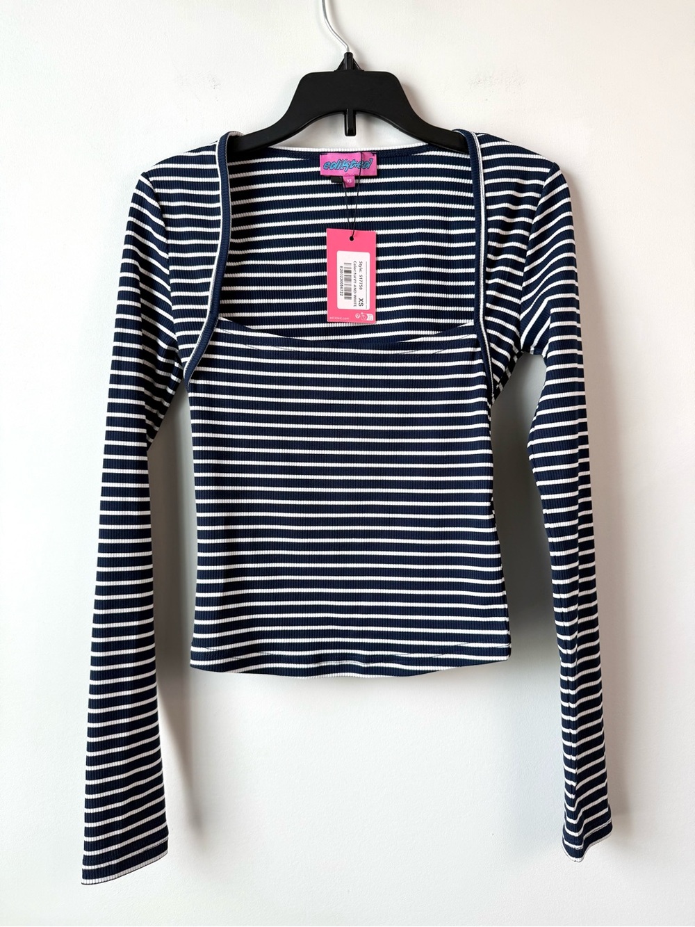 Edikted Alex Striped Long Sleeve Top Navy Blue White XS